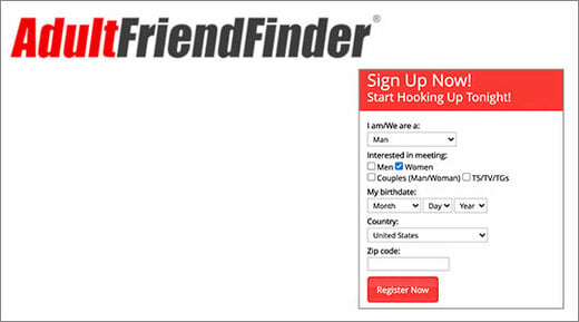 Adult Friend Finder logo and homepage screenshot