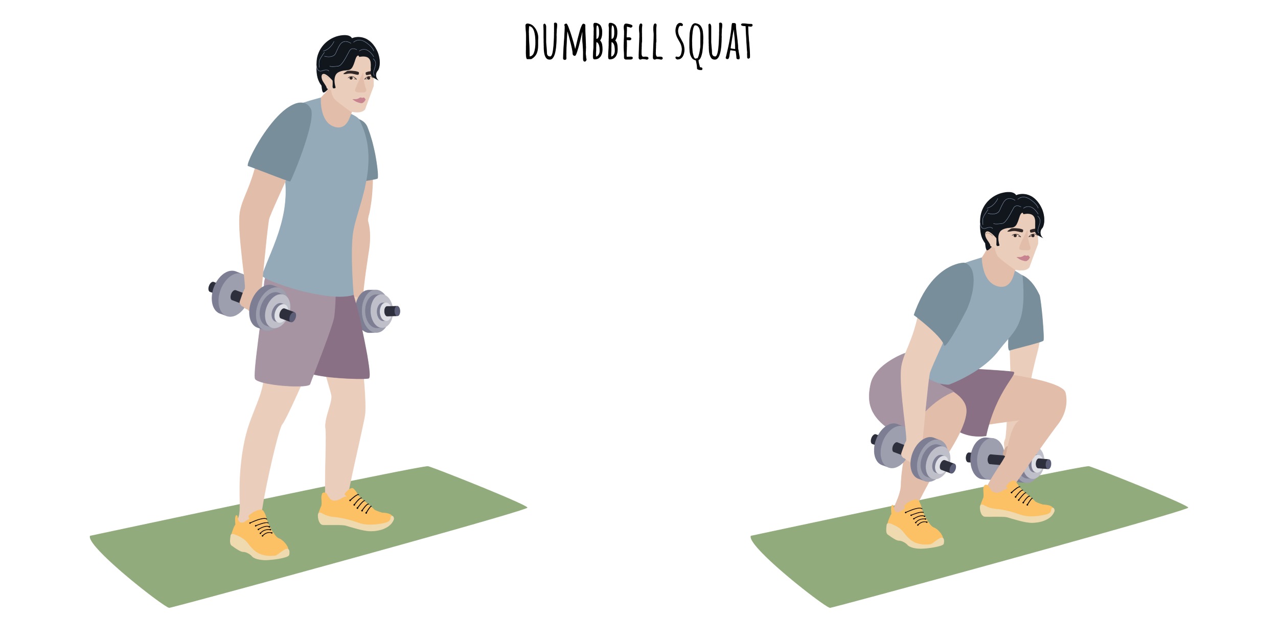 illustration drawing of man doing dumbbell squat with weights at sides on mat